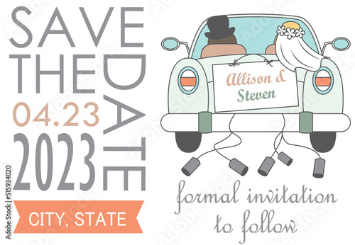 Cute cartoon save the date wedding card design with car element