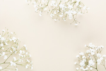 Beautiful flower background of pink gypsophila flowers. Flat lay, top view. Floral pattern.