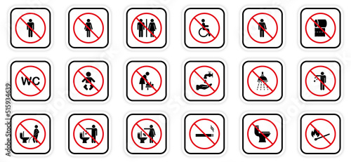 Warning No Allowed Round Sign. Caution Red Stop Circle Symbol. Prohibited Ban Collection. Forbidden Pictogram Set. Attention Restriction Zone Black Silhouette Icon. Isolated Vector Illustration