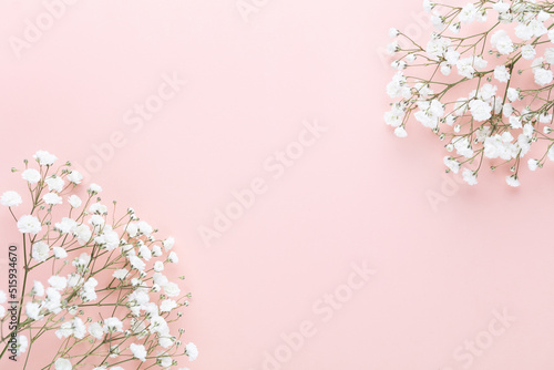 Beautiful flower background of pink gypsophila flowers. Flat lay, top view. Floral pattern.