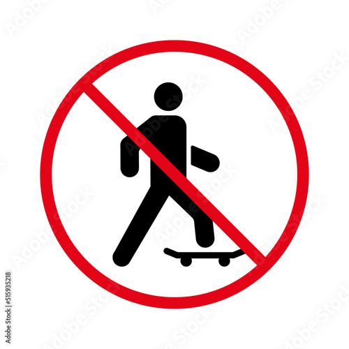 No Allowed Man Skateboarding Sign. Skater Red Stop Circle Symbol. Ban Skateboard in Public City Black Silhouette Icon. Forbid Extreme Active Pictogram. Skating Prohibit. Isolated Vector Illustration