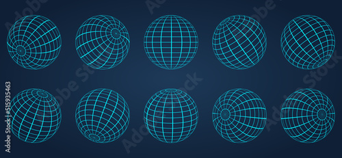 3D Blue Globe Grid Sphere Set on Dark Background. Geometric Round Grid Mesh Ball. Wireframe Globe Surface. Wire Global Earth Latitude and Longitude. Wired Line 3D Planet Globe. Vector Illustration
