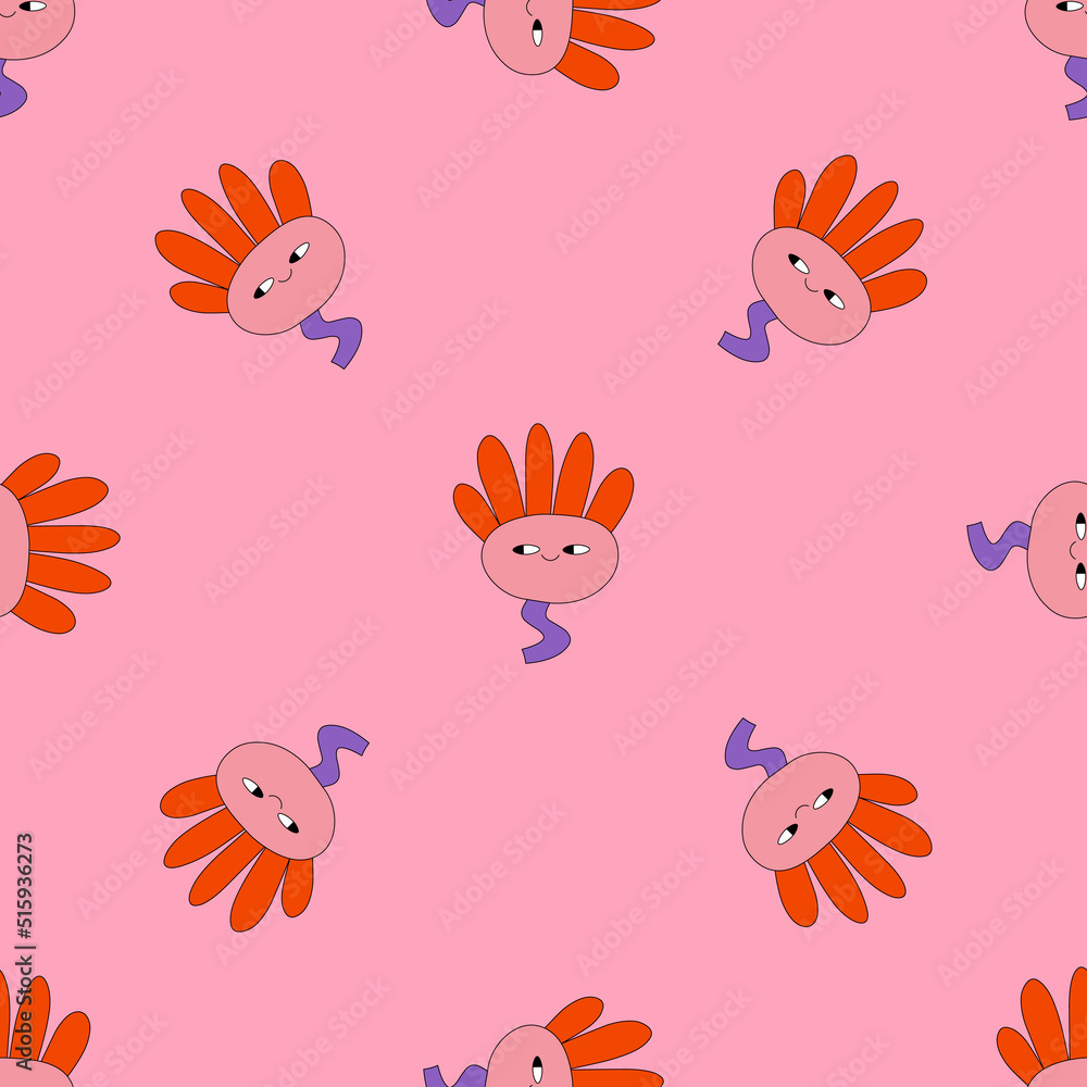 1970 good vibes and 1970 daisy flower.vector psychedelic art - seamless pattern with hippie flowers.Funky and groovy floral ornament.Vibrant square textile with flowers dudes characters. 1970 good vibes and 1970 daisy flower.vector psychedelic art - seamless pattern with hippie flowers.Funky and groovy floral ornament.Vibrant square textile with flowers dudes characters.