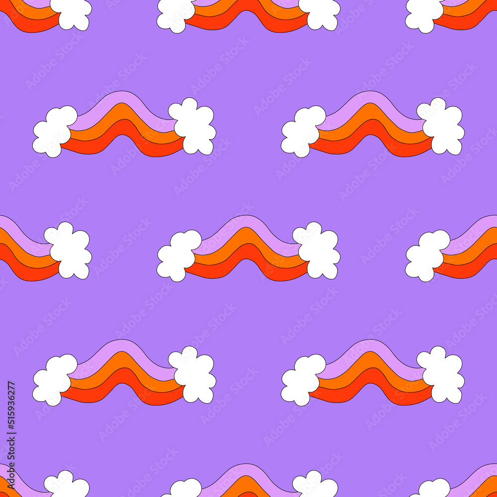 square vector seamless pattern - rainbo in hippie style.1970 good vibes.Funky and groovy 1970 sunshine.Funky 1960 psychedelic ornament with cloud.Kidcore kawaii wallpaper and fabric.naive trippy	