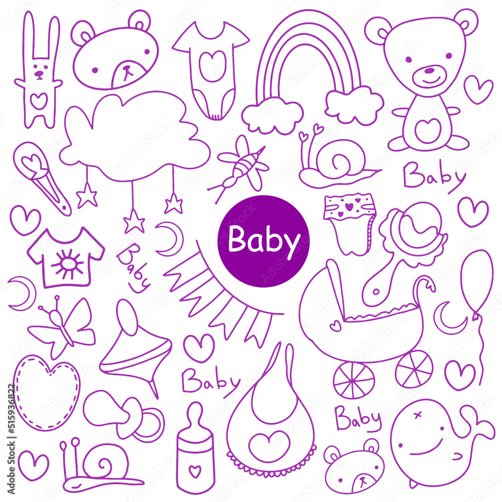 Vector Sketch hand drawn Doodle cartoon set of objects and symbols on the baby theme. Vector Sketch hand drawn Doodle cartoon set of objects and symbols on the baby theme.