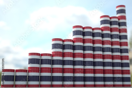 Many barrels with flag of Thailand form rising chart or upwards trend. National oil industry success concept. 3D rendering