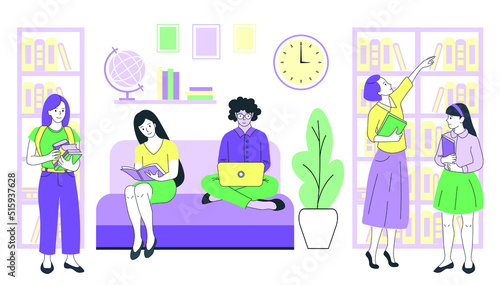 People in the school or university library. Flat interior with characters and lots of books. Simple smart minimalistic.