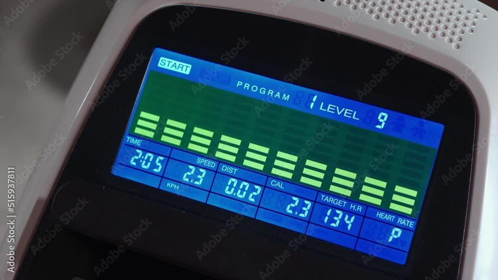 closeup of treadmill control panel with electronic screen for sport exercise