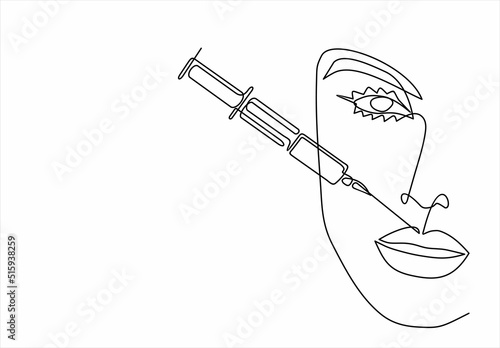 Continuous line beauty surgery concept. One line female portrait. One line syringe, lip filters