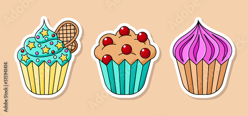 Vector cartoon cupcake stickers set. Three isolated sweet dessert with white border for cut