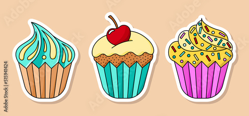 Vector cartoon cupcake stickers set. Three isolated sweet desserts with cherry, sprinkles and cream