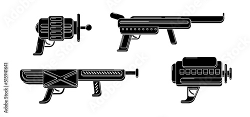 Vector glyph blasters collection. Toy gun set of rubber stamps. Futuristic weapon design in black color