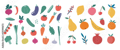 Fototapeta Naklejka Na Ścianę i Meble -  Set of cartoon vegetables and fruits in flat style. Vegan healthy eating set. Isolated on white. Vector illustrations
