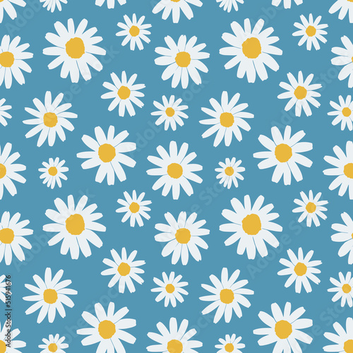 Cute simple seamless pattern with chamomile flowers. Spring and summer background. Vector illustration