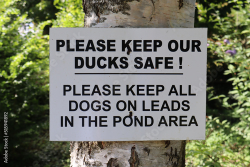 Sign near the duck pond in East Quantoxhead in Somerset requesting that dogs are kept on a lead in the pond area in order to prevent ducky carnage.