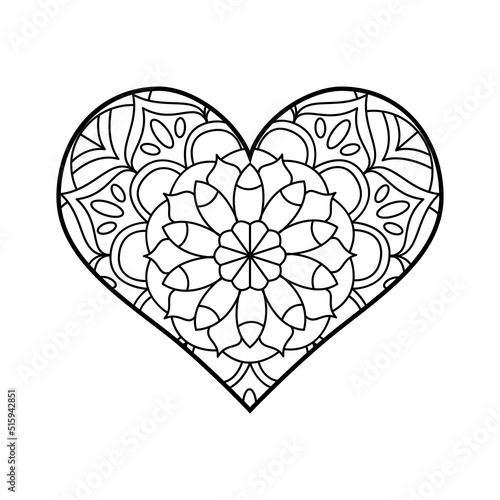 Vector heart shape coloring with mandala. Linear geometric and floral ornaments.