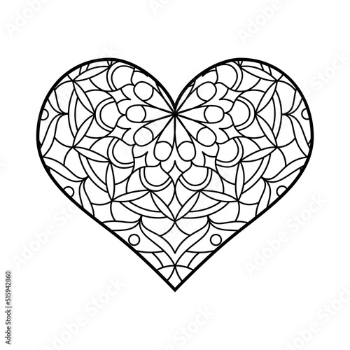 Vector heart shape for coloring. Lineart mandala geometric and floral ornaments. Valentine's coloring