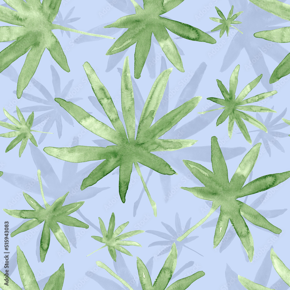 Green palm leaves, tropical watercolor painting - seamless pattern on light blue background Green palm leaves, tropical watercolor painting - seamless pattern on light blue background