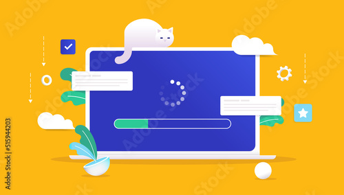 Computer system update - Vector illustration of laptop updating operation system and software, with load bar and loading wheel