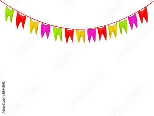 Multicolored festive flags isolated on white background.