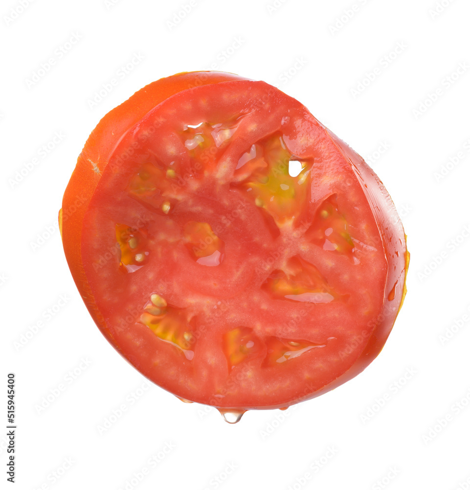 Round piece of red ripe tomato isolated on white background