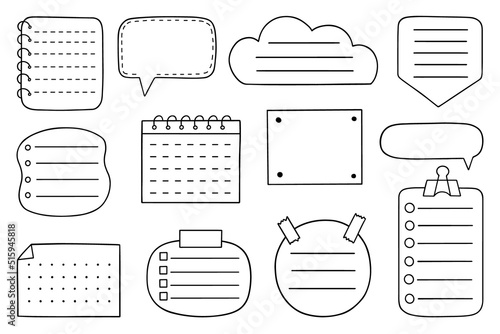 Hand drawn Paper page doodle. Set of notes, ribbons, frames, stickers for bullet journal, notebook, diary and planner. Vector illustration isolated on white background.