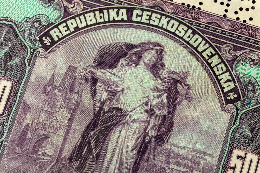 Fototapeta premium Detail of the Czechoslovak 5000 crowns banknote from 1920, 1st Republic