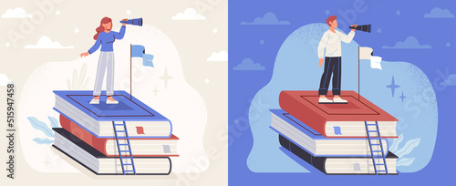 Skills for career opportunities concept. Male and female entrepreneurs climb onto stack of books and look to future. Improving personal qualities and education for business. Cartoon flat vector set
