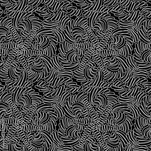 Black and white cartoon pattern on a black background, abstract design, seamless background.