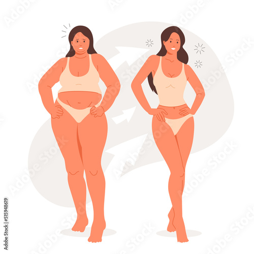 Young woman before and after weight loss. Fat and slim girl. Overweight and sporty female body. Vector illustration isolated on white background.