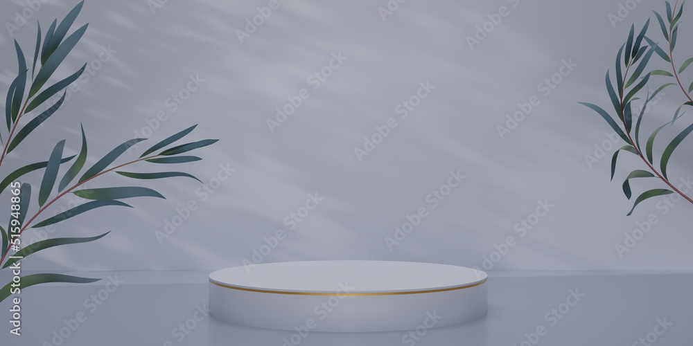Shiny Pastel Blue round pedestal with green leaves and shadow on background. The blank display or clean room for showing product. Minimalist mockup for podium display, showcase. 3D render illustration Shiny Pastel Blue round pedestal with green leaves and shadow on background. The blank display or clean room for showing product. Minimalist mockup for podium display, showcase. 3D render illustration