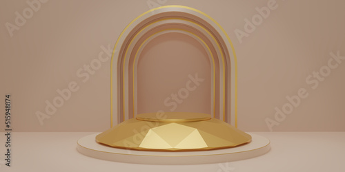 Gold hexagon cube, Golden diamond pedestal podium with beige on base in the beige room. Concept scene stage showcase, product, promotion sale, banner, presentation, cosmetic. 3D rendering. © vensto
