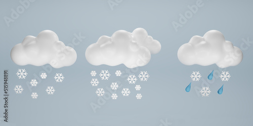 3D weather icons set. Set of Rain cloud, snow, and raindrops icon. Raindrops and snow. Cloud weather icon. 3d render illustration.