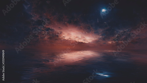 Dark neon abstract sunset  reflection of neon light in the water  waves. Fantastic sea night landscape. Space dust  nebula. 3d illustration