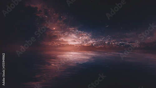 Dark neon abstract sunset, reflection of neon light in the water, waves. Fantastic sea night landscape. Space dust, nebula. 3d illustration