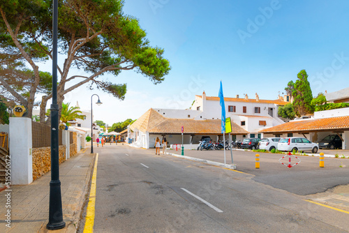 The main entrance to the whitewashed community and village of Binibeca Vell, Spain on the Mediterranean Spanish island of Menorca.