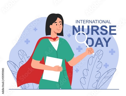 International Nurse day concept. Cute female doctor in uniform and superhero cape holding magnifying glass. Health care and medicine. Design for greeting card. Cartoon flat vector illustration