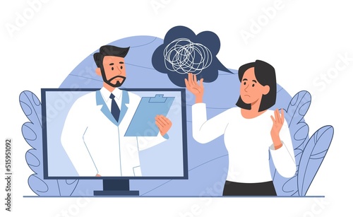 Online psychotherapy concept. Sad woman with confused thoughts and mental problems communicates with doctor remotely. Psychiatrist helps to solve patient problems. Cartoon flat vector illustration