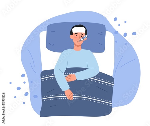 Seasonal allergy or flu concept. Young sick man lies in bed with thermometer in his mouth. Feeling unwell, having cold or high fever. Treatment of illness and rest. Cartoon flat vector illustration