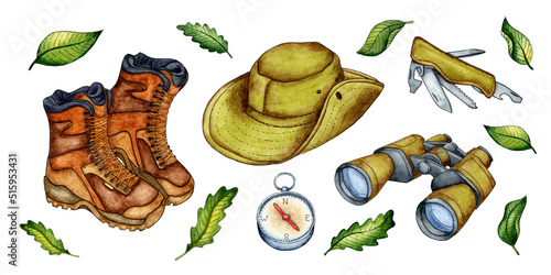 Set of watercolor illustrations of hiking boots, hat, binoculars, compass, camping knife. For the design of design compositions on the theme of tourism, hiking, outdoor recreation. isolated on white.