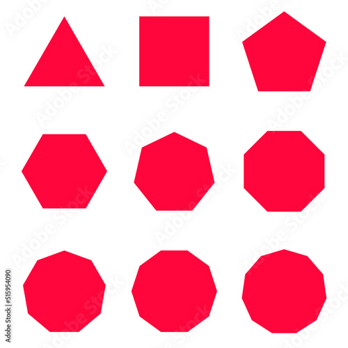 Different types of regular polygons. 2d geometric shapes. triangle, square, pentagon, hexagon, heptagon, octagon, nonagon, decagon, hendecagon, dodecagon vector illustration on white background.