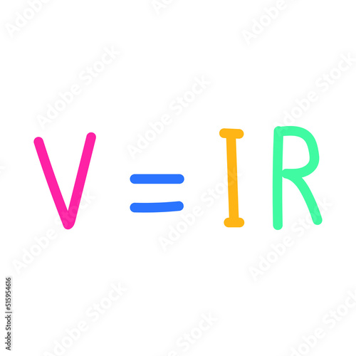 Ohm's law formula in physics. Electric current voltage and resistance formula. V, I, and R, the parameters of Ohm's law