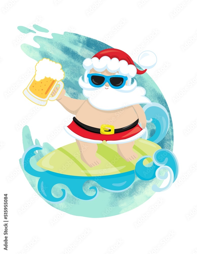 Illustration of Santa surfing with a cold beer. Perfect for Christmas in summer or Christmas in July and international beer day
