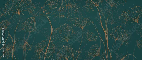 Obraz Green floral art background hand drawn in coral and pink colors in line style. Botanical wallpaper for interior decor, banner, print, textile, packaging