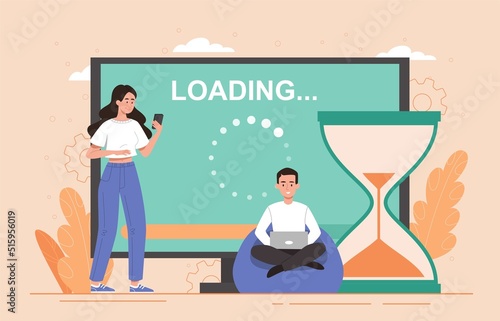 Software download or operating system concept. Men and women update apps on devices. New versions with additional functionality and patches. Program installation. Cartoon flat vector illustration