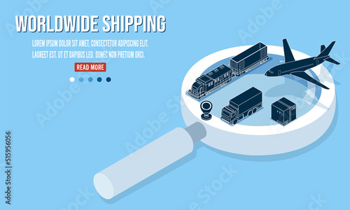 Modern world wide international shipping business isometric concept with export, import, warehouse business, transport. Vector illustration