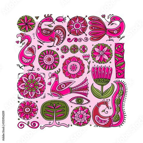 Magic birds and flowers,vintage background for your design