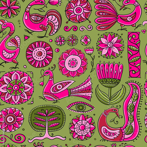 Magic birds and flowers. Vintage seamless pattern background for your design