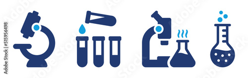 Chemistry and laboratory research vector icon set with microscope, test tube and flask symbol illustration.