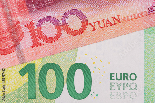 Fragment of banknotes in denominations of 100 euros and 100 Chinese yuan